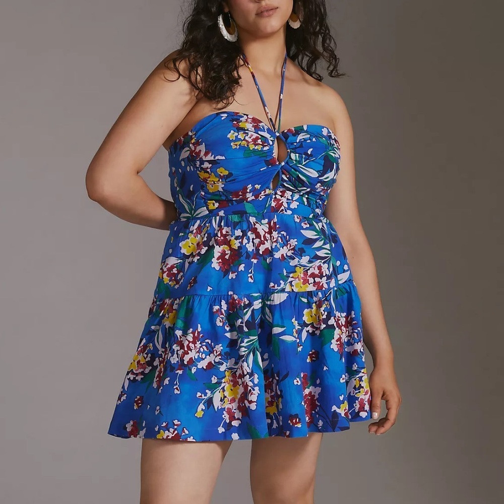 Anthropologie NEW Emily Blue Floral Halter Mini Dress